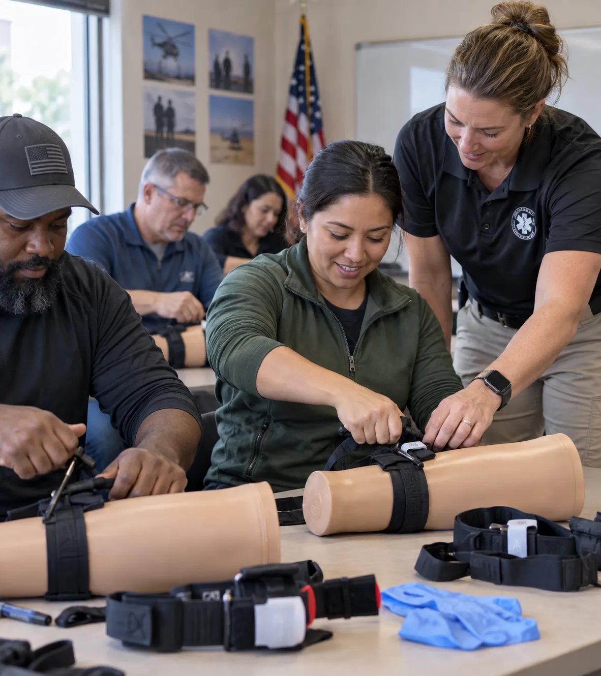Ordinary adults practicing on a training limb with an instructor leaning in to check hand position. Community setting.