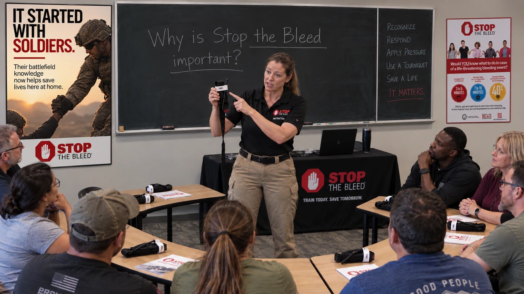 A STOP THE BLEED instructor demonstrates a tourniquet to a classroom, with the It Started with Soldiers poster and program materials behind her.