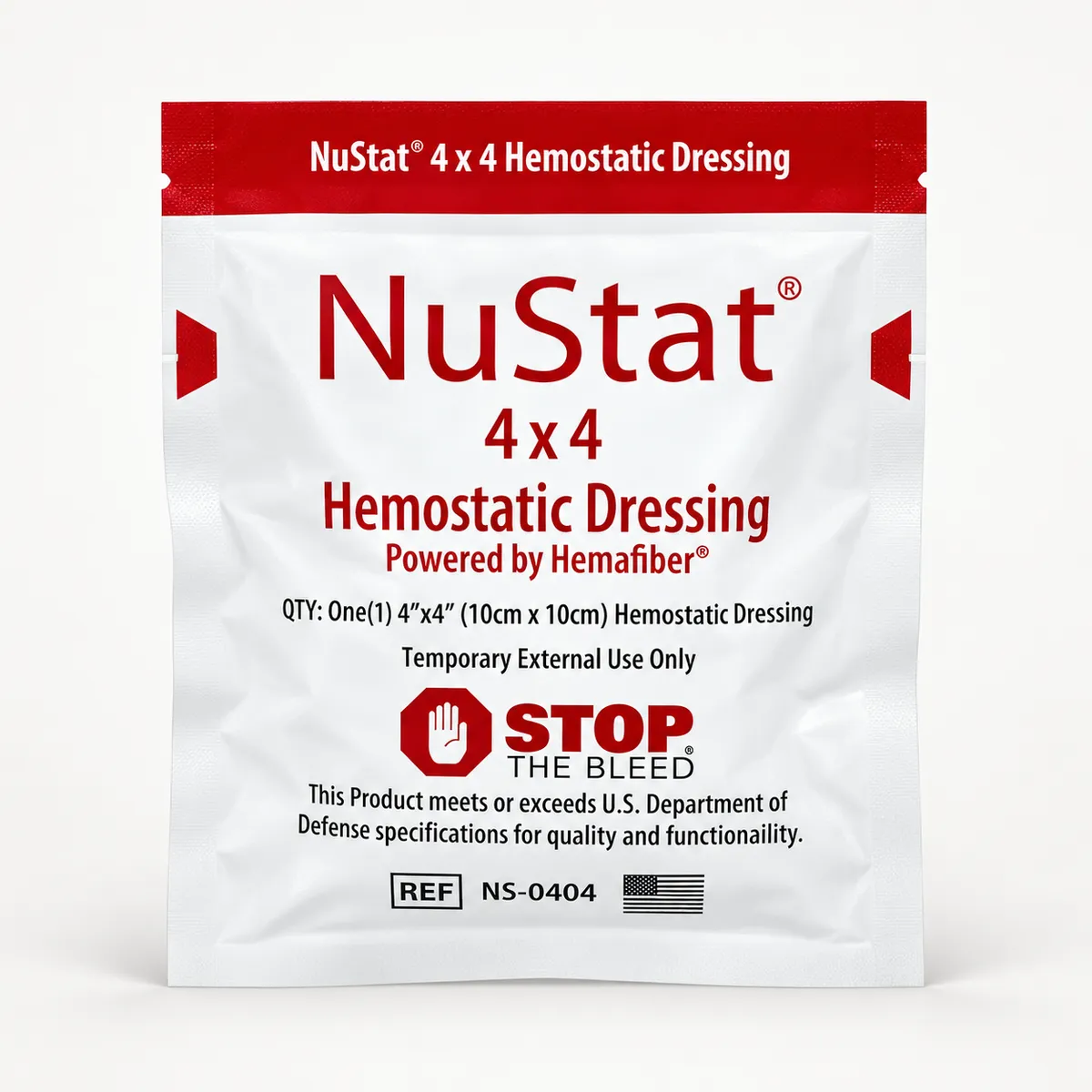 NuStat hemostatic dressing, packaged, on a plain background. No injury imagery.