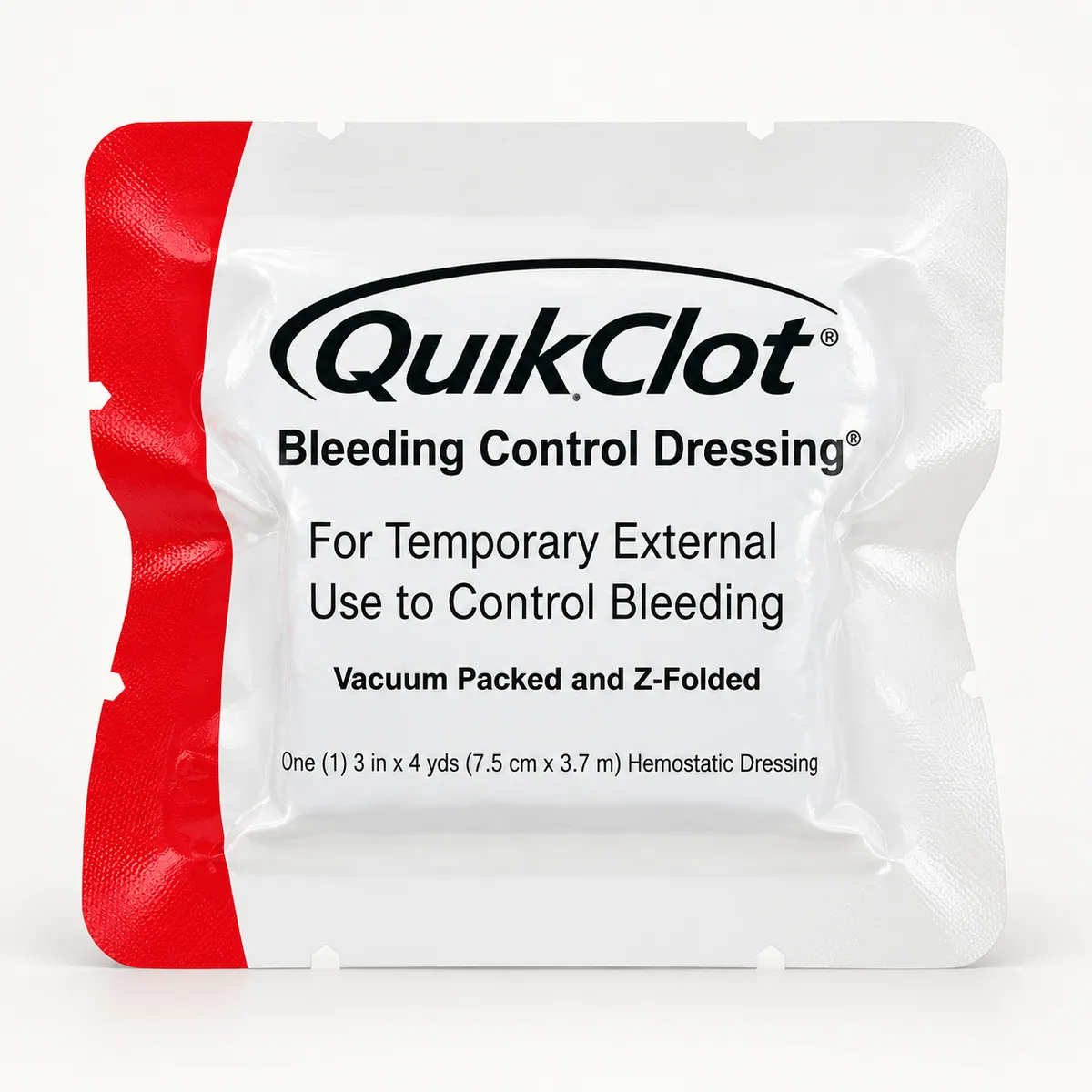 QuikClot Bleeding Control Dressing, packaged, on a plain background. No injury imagery.